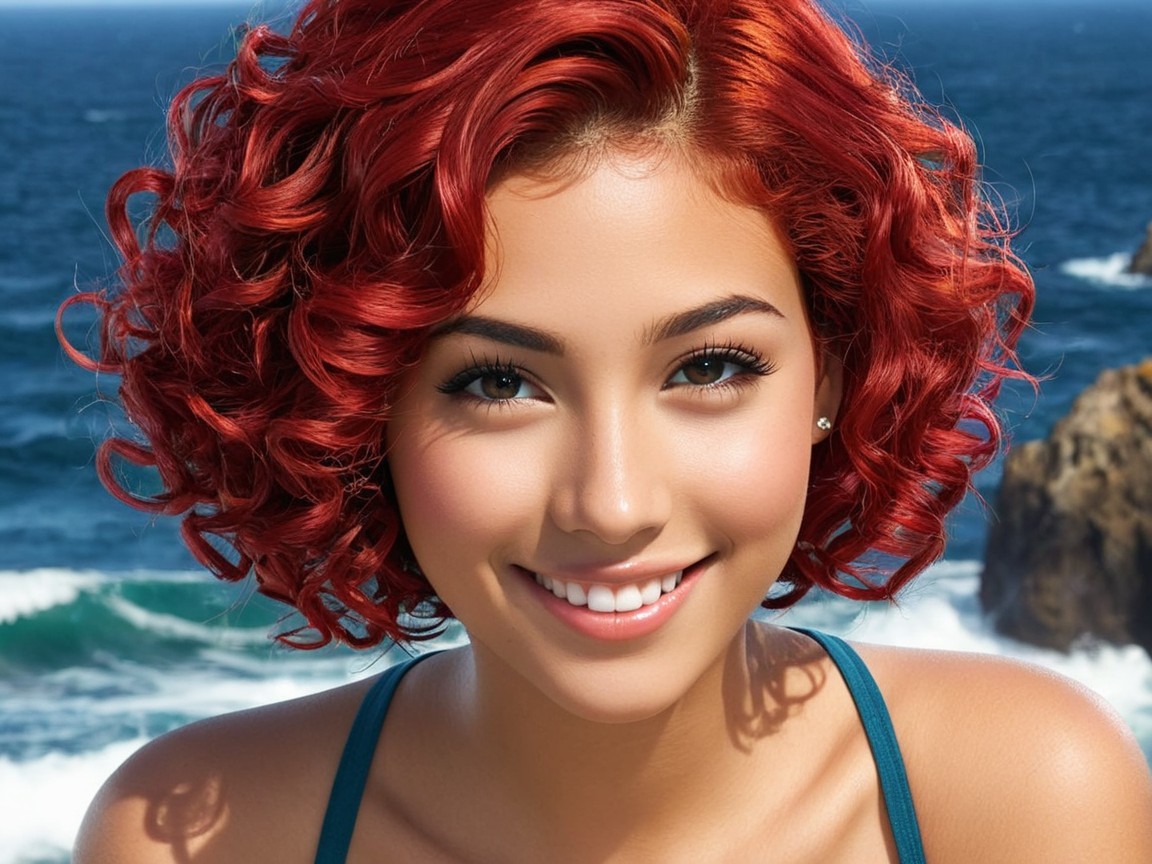 Young person with red curls smiling by ocean waves