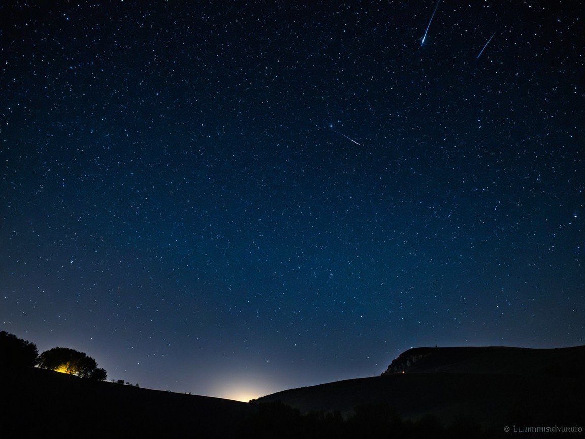 Night Sky with Stars and Meteors Over Rolling Hills