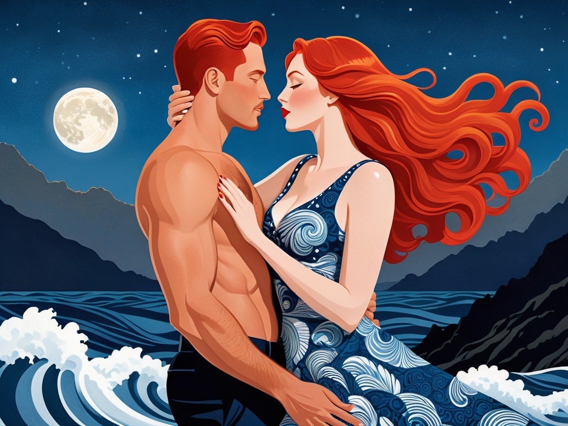 Romantic Night Scene by the Sea with Embracing Couple