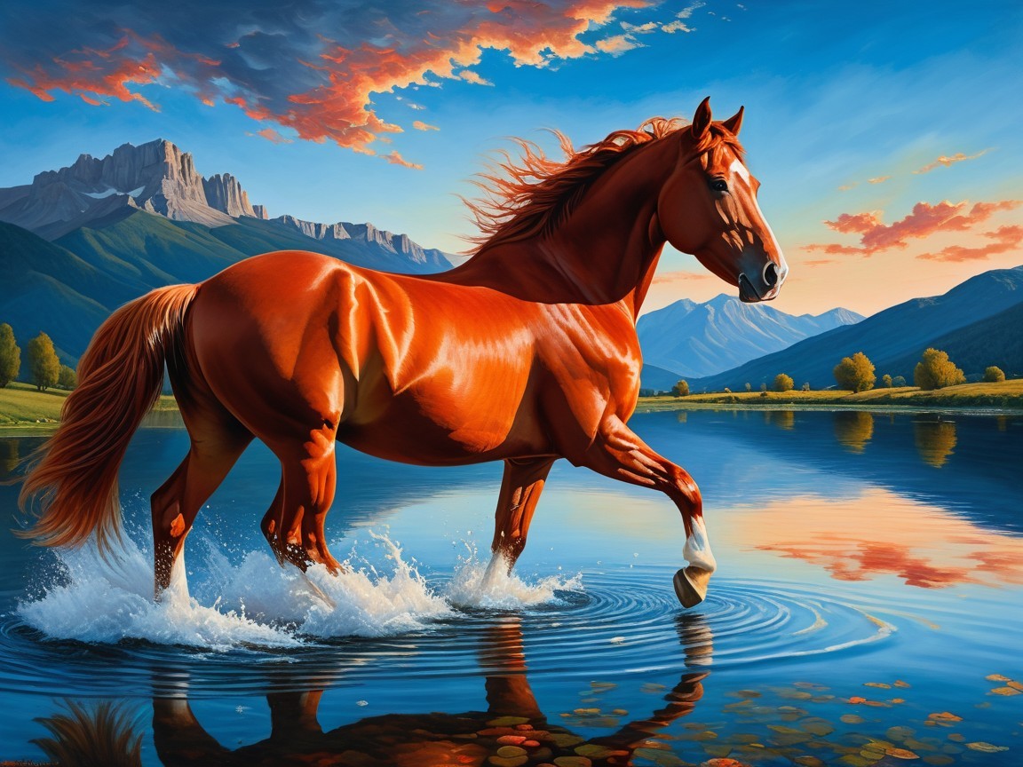 Chestnut Horse in Serene Lake with Mountain Backdrop