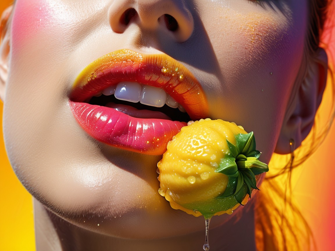 Close-up of a woman's vibrant makeup and lemon