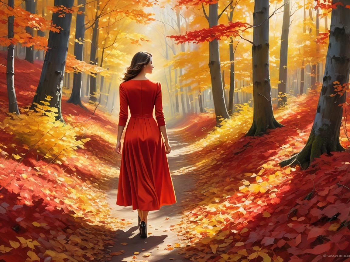 Woman in red dress walking through autumn forest