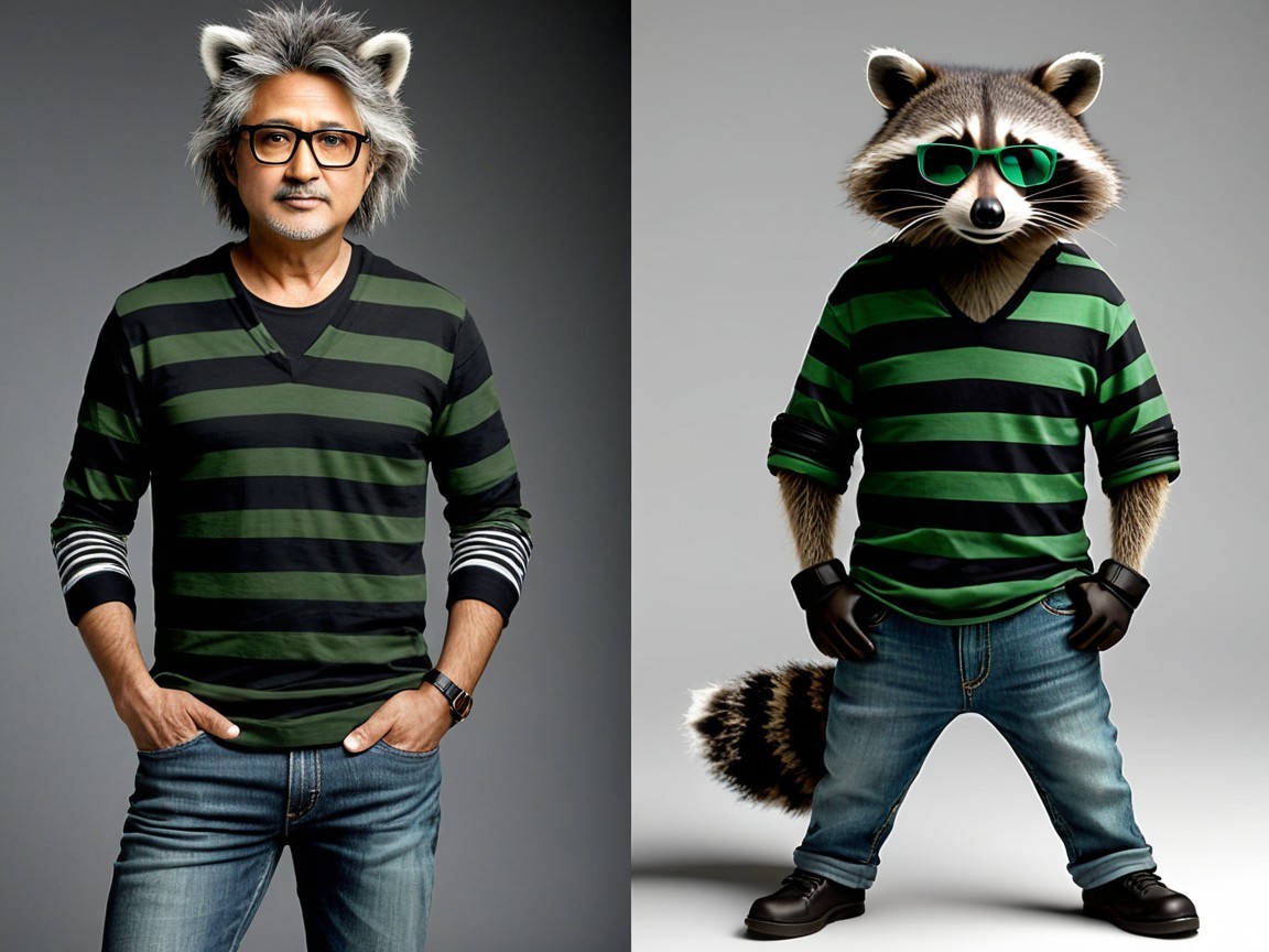Split Image of Man and Raccoon in Matching Outfits