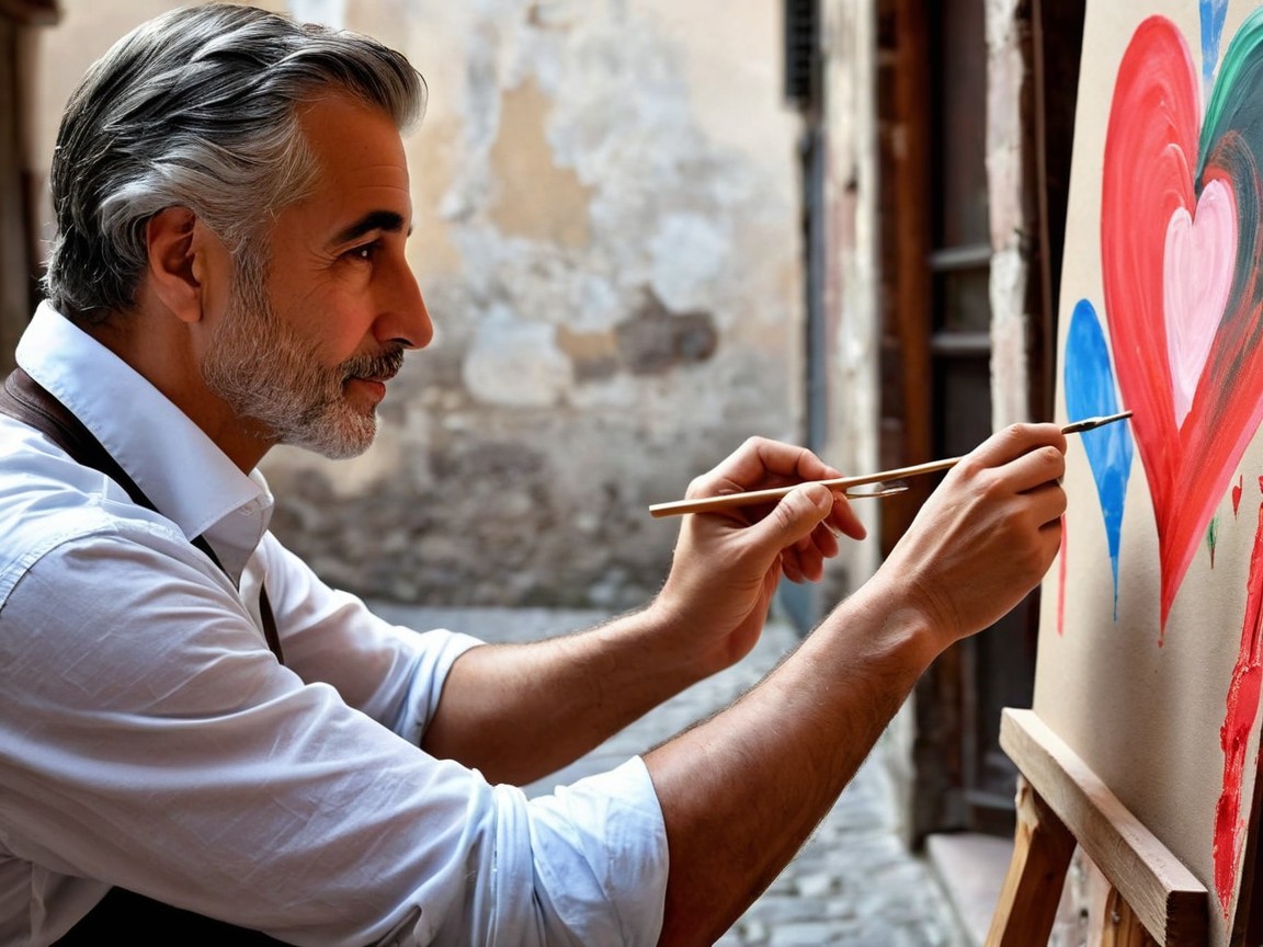 Artist Painting Vibrant Hearts on Textured Canvas