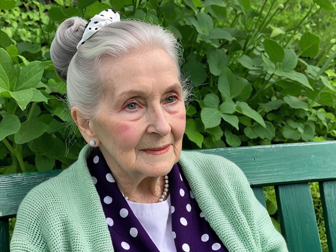 Elderly Woman on Green Bench in Lush Garden Setting