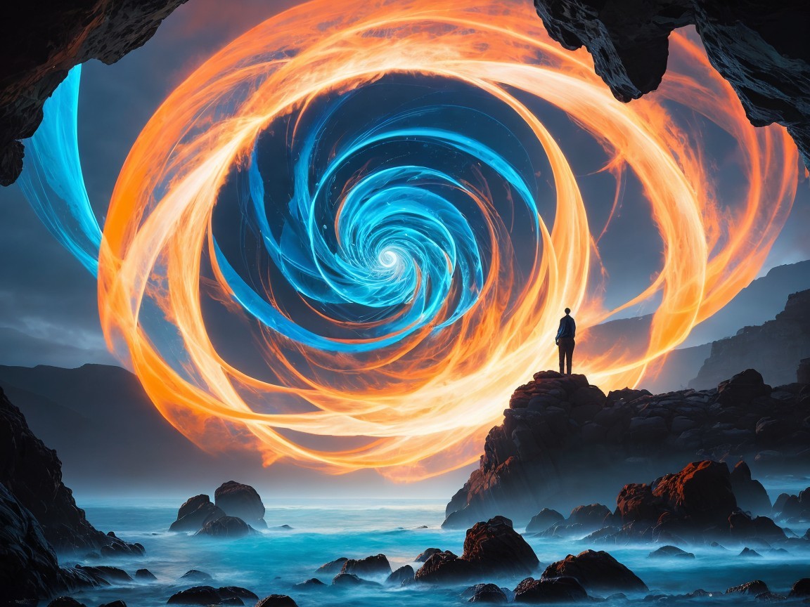 Solitary Figure by Ocean with Swirling Energy Vortex