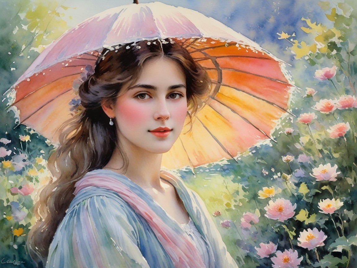 Young woman with parasol and vibrant flowers