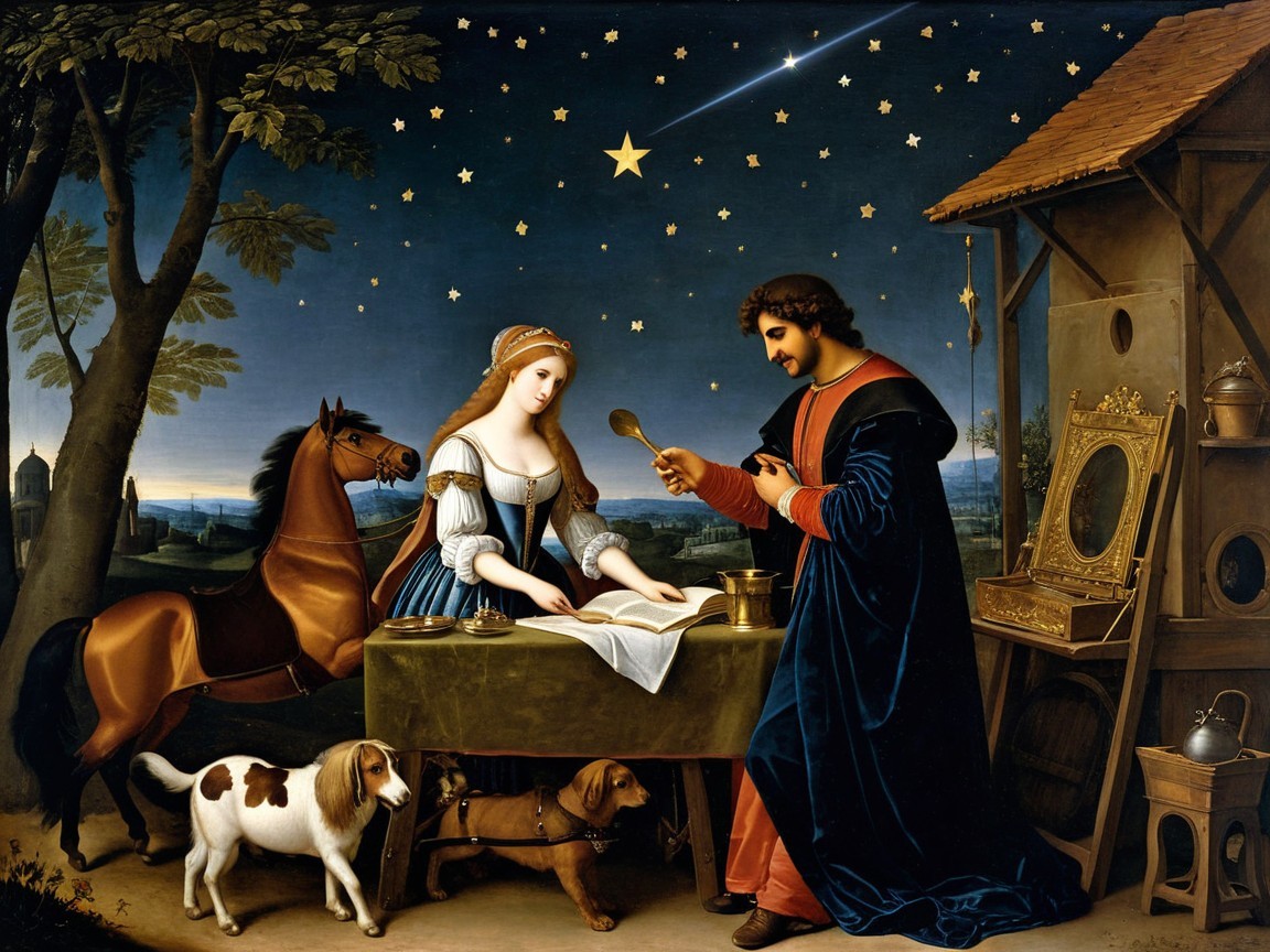Serene Night Scene with Man, Woman, and Animals