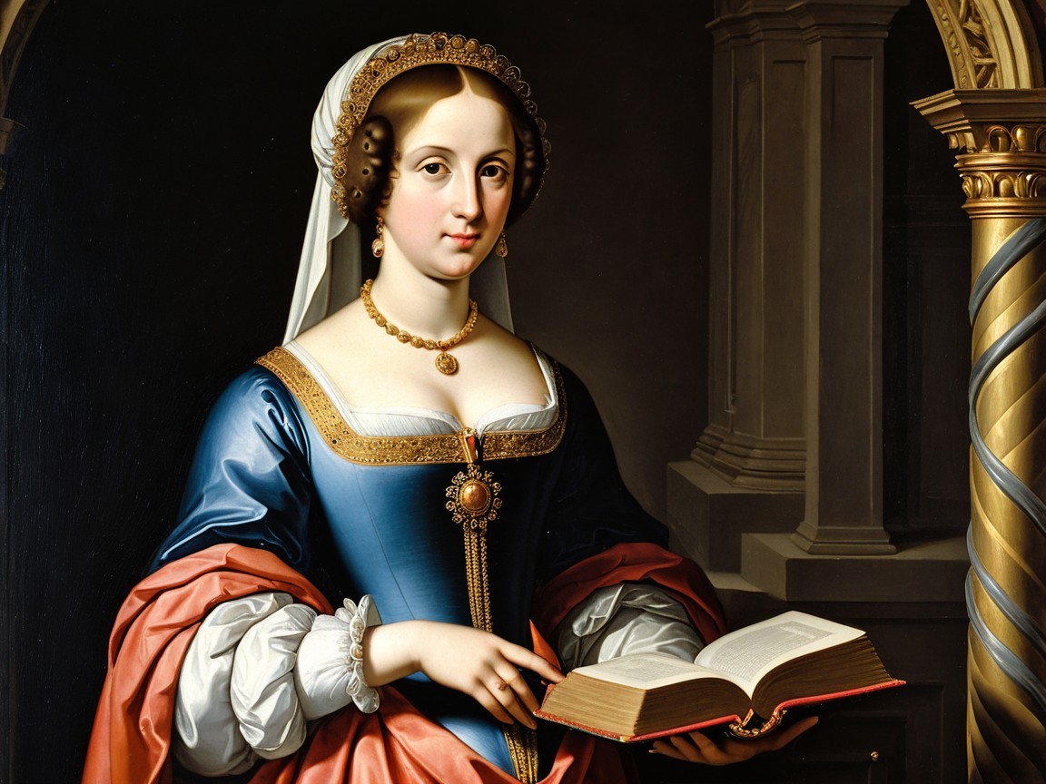 Elegant Woman in Historical Dress with Open Book