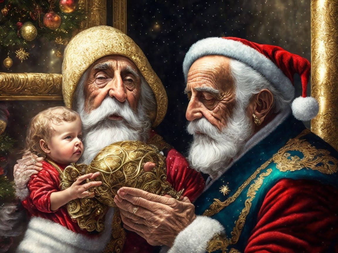 Elderly Men as Santa Claus with Baby and Golden Helmet