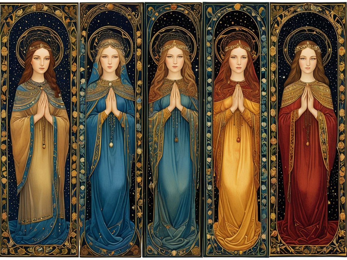 Ethereal Figures in Vibrant Robes with Celestial Background