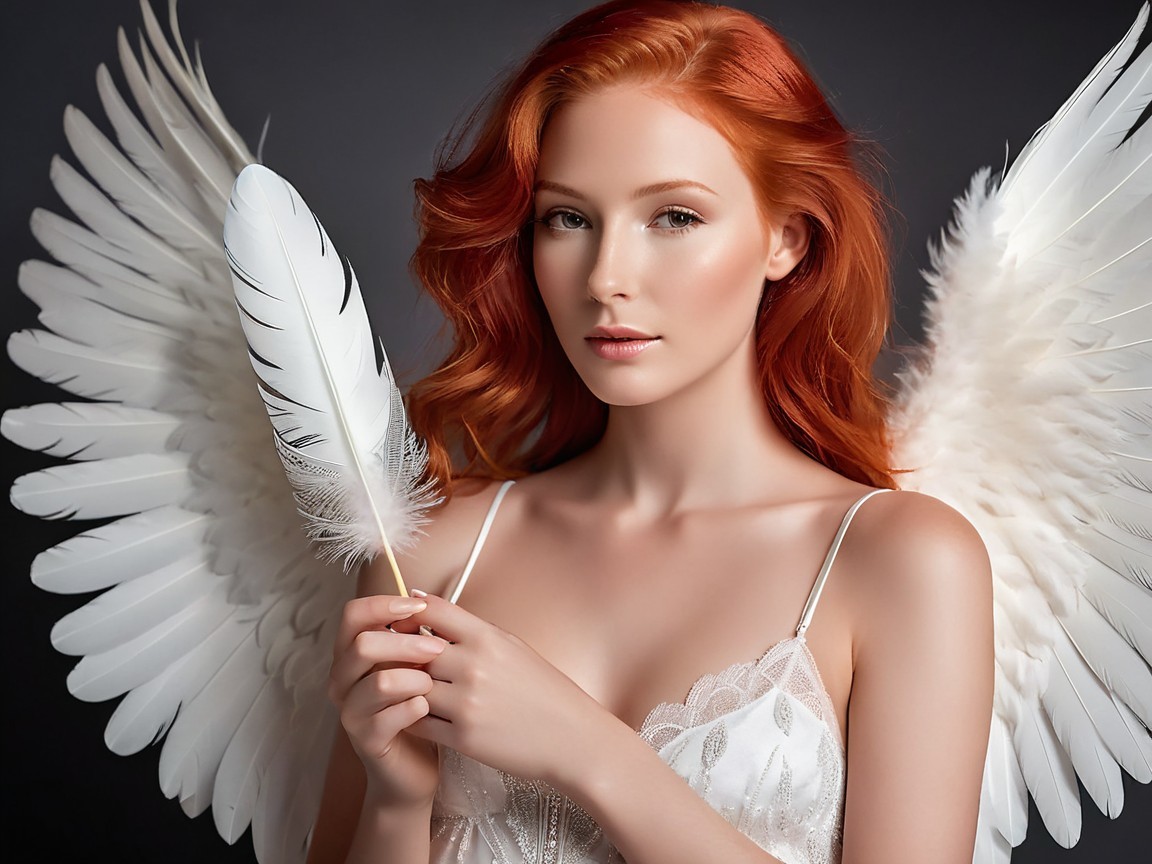 Portrait of a young woman with angel wings and feather