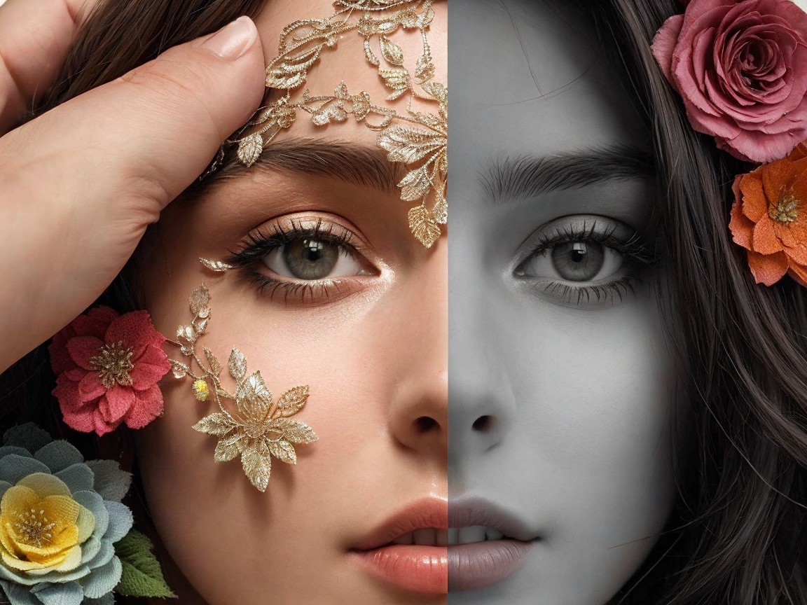 Split Face of a Woman in Color and Grayscale