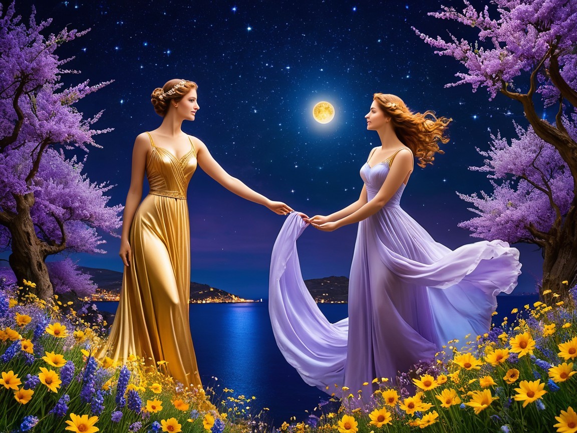 Ethereal Figures in a Starry Garden Landscape