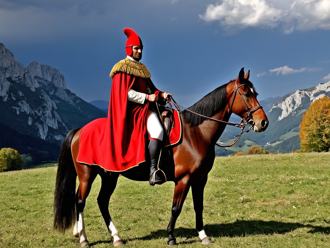 Mounted Soldier in Red and Black Attire on Horse