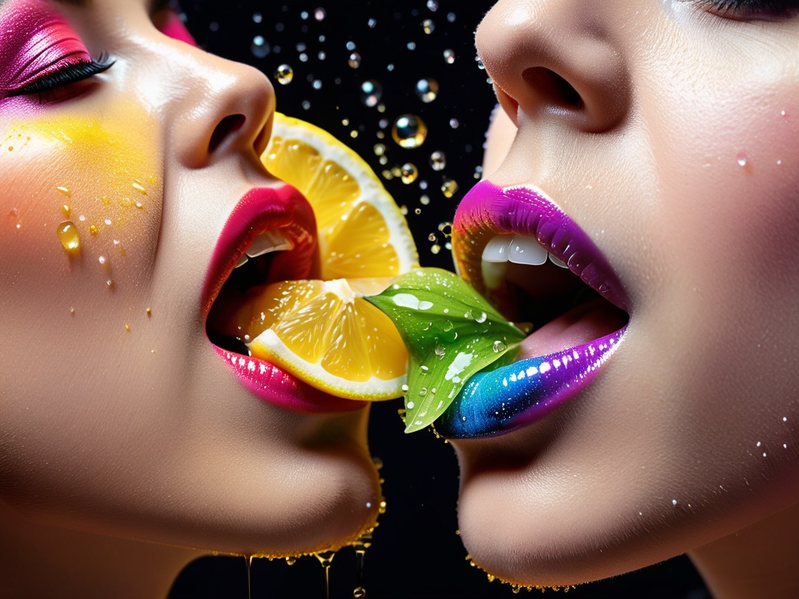 Close-Up of Women with Colorful Makeup and Lemons