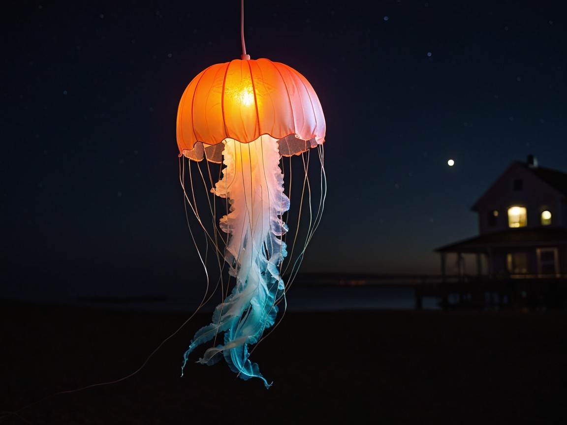 Glowing Jellyfish Light Installation Against Night Sky