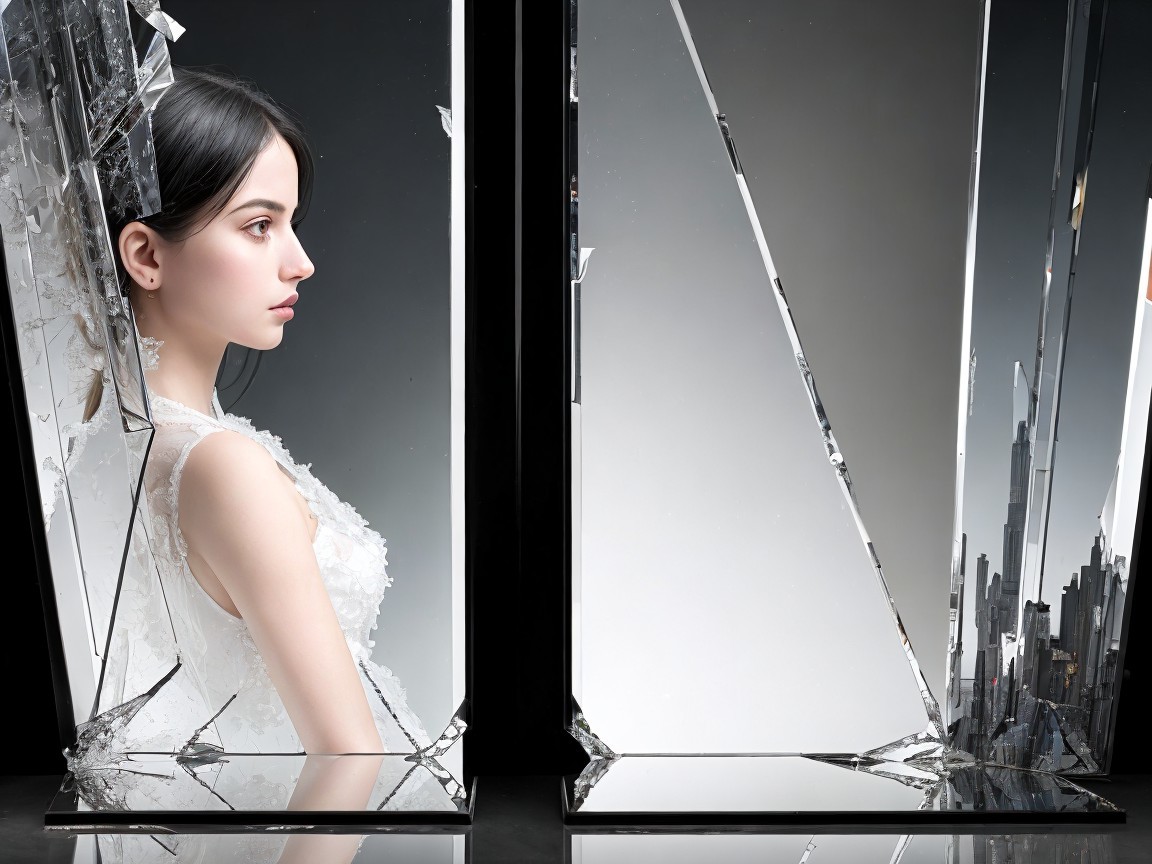 Portrait of a Young Woman with Reflective Glass Shards