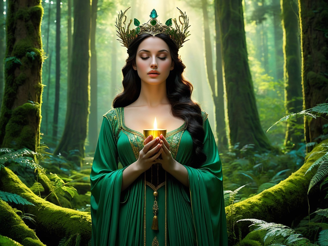 Regal figure in a green gown in a serene forest
