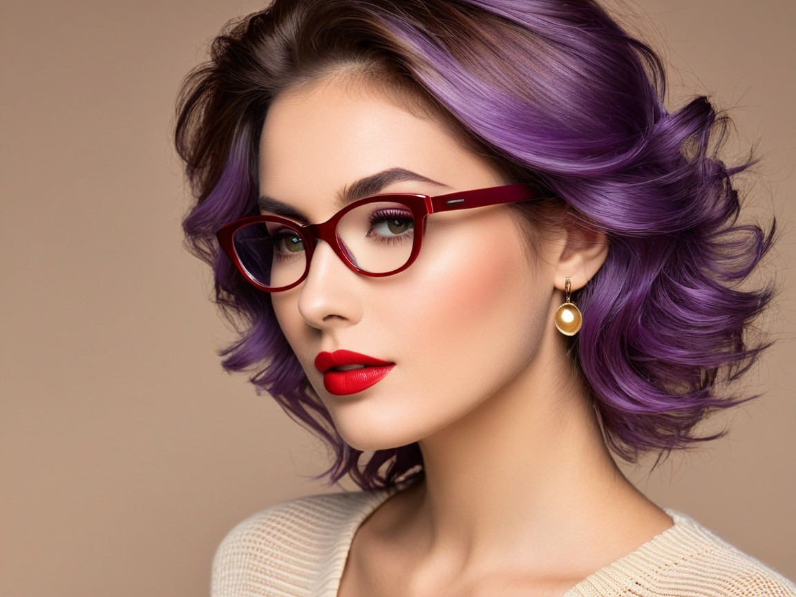 Woman with Purple Curls and Red Lipstick Portrait