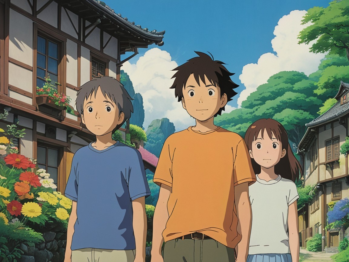 Children Exploring a Vibrant Village Under Blue Sky