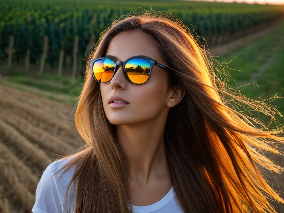 Young Woman in Vineyard with Sunset Reflections