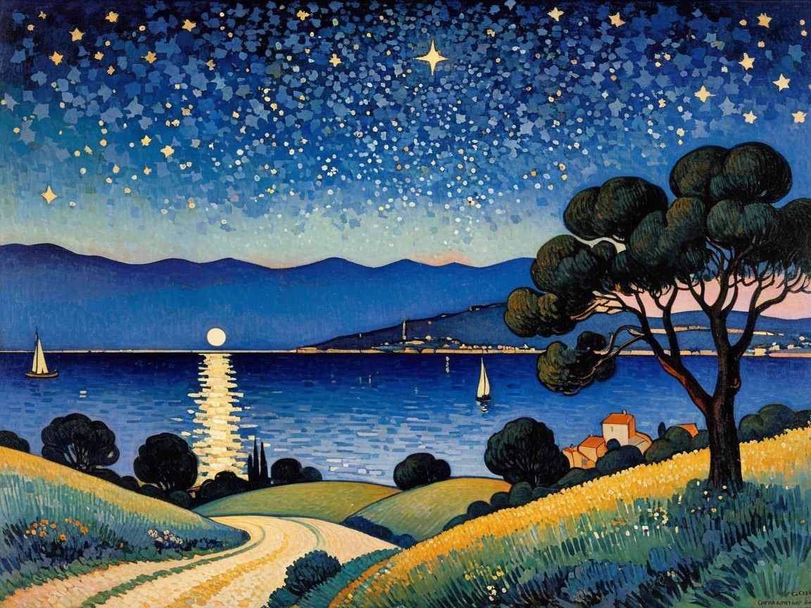 Starry Night Landscape with Calm Sea and Village