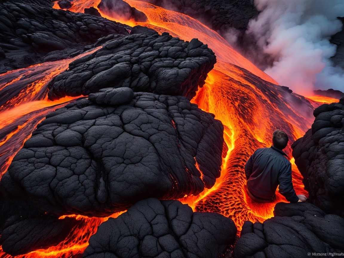 Dramatic Volcanic Landscape with Flowing Lava and Steam