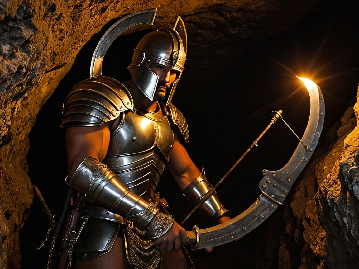 Muscular Warrior in Metallic Armor with Scythe in Cave