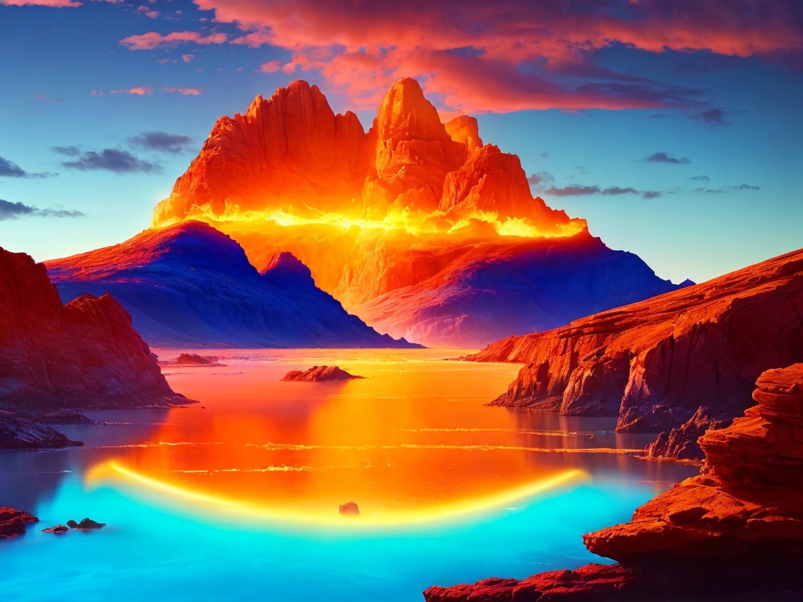 Vibrant Mountain Landscape with Lava and Sunset Colors