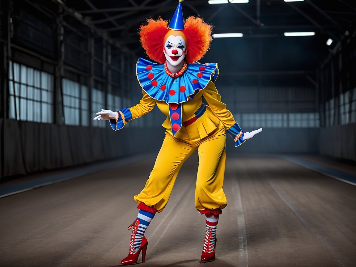 Vibrant Clown on Dimly Lit Track in Colorful Costume