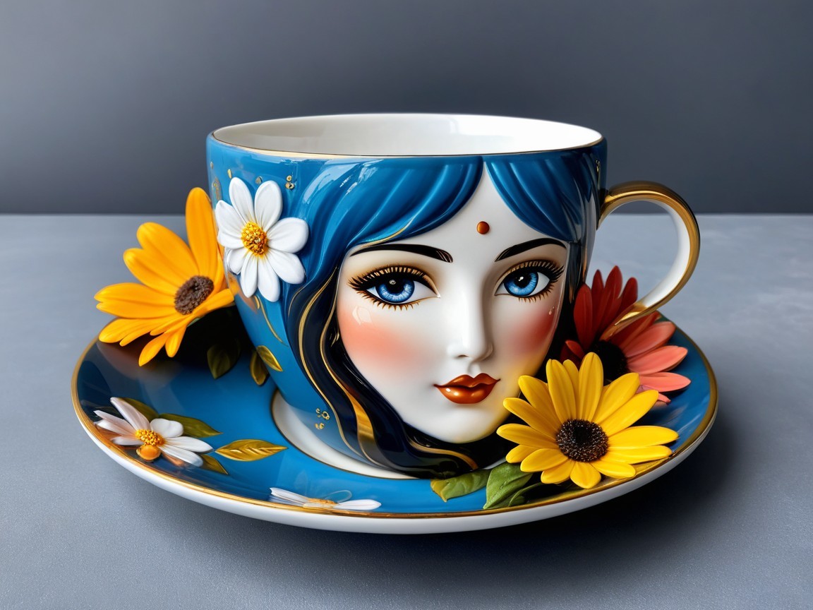 Unique Cup and Saucer with Artistic Face Design