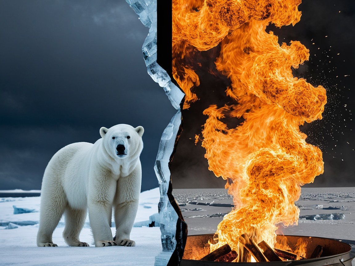 Polar Bear and Flames: Contrast of Nature and Crisis