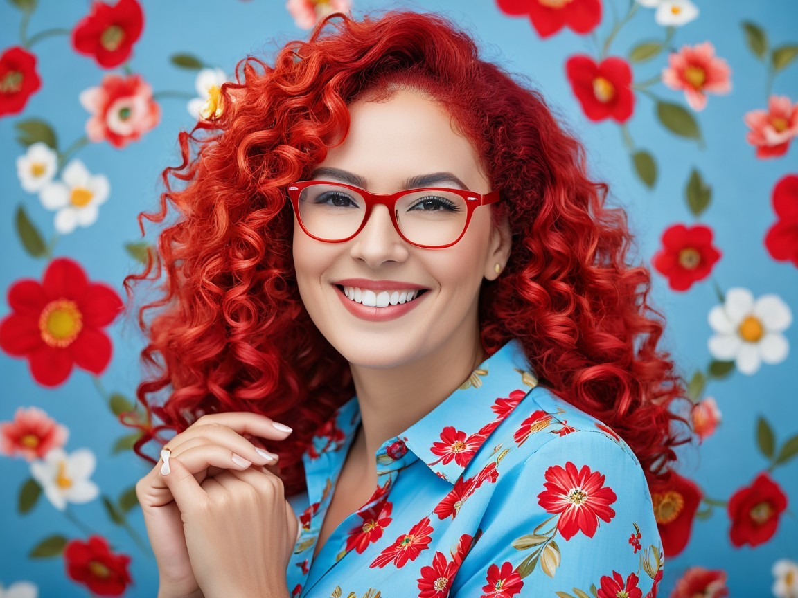 Cheerful woman with red curly hair in floral setting