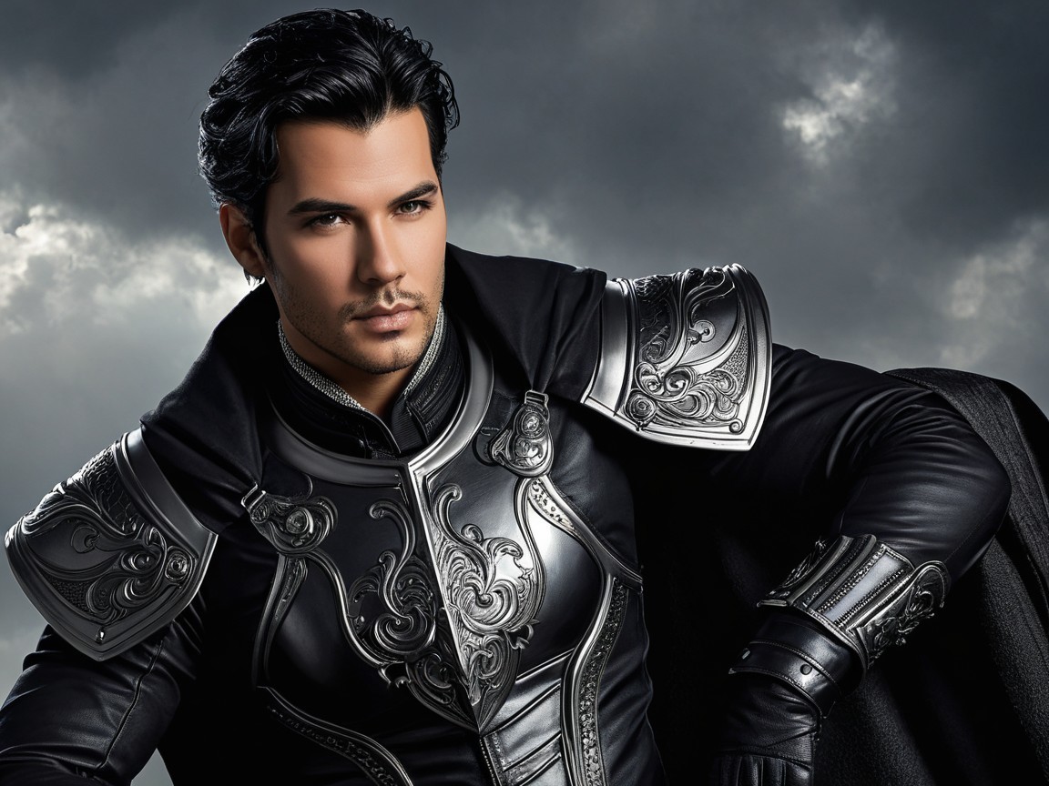 Male figure in ornate black armor against cloudy backdrop