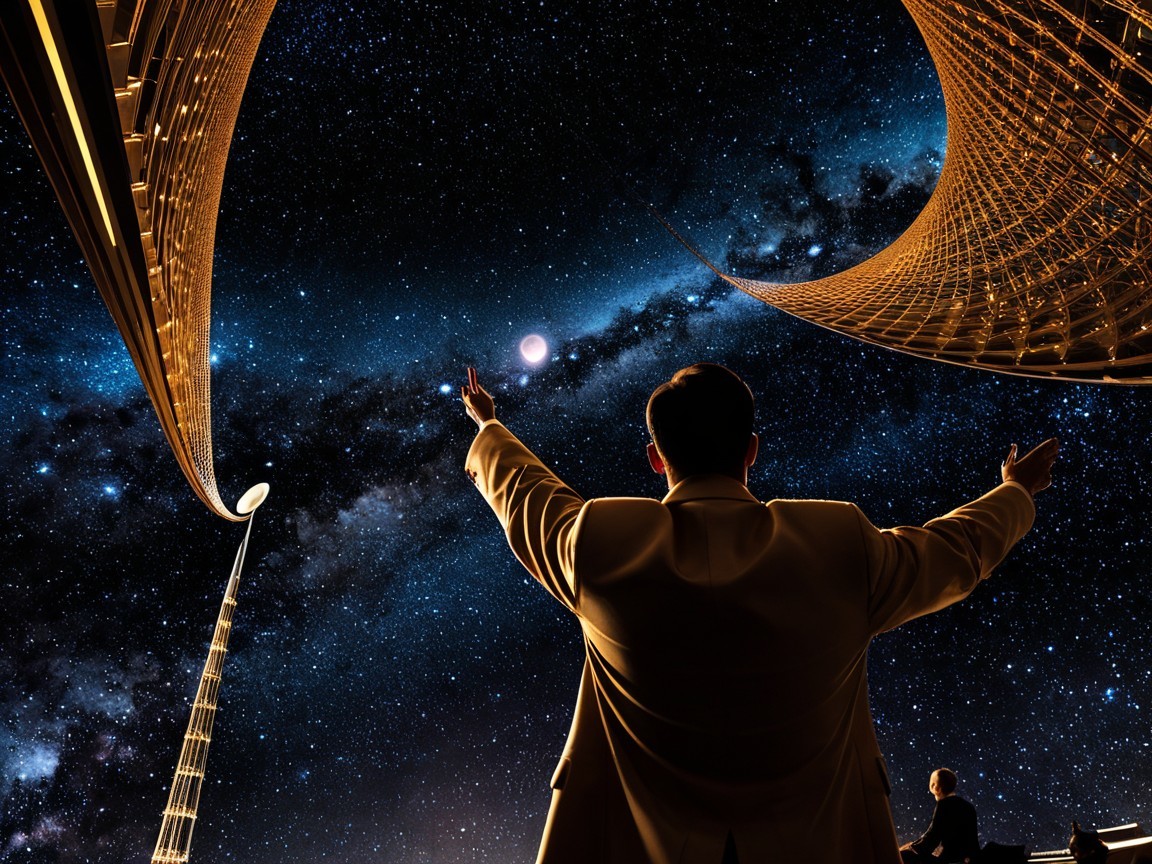 Figure in Suit Under Cosmic Scene with Galaxies