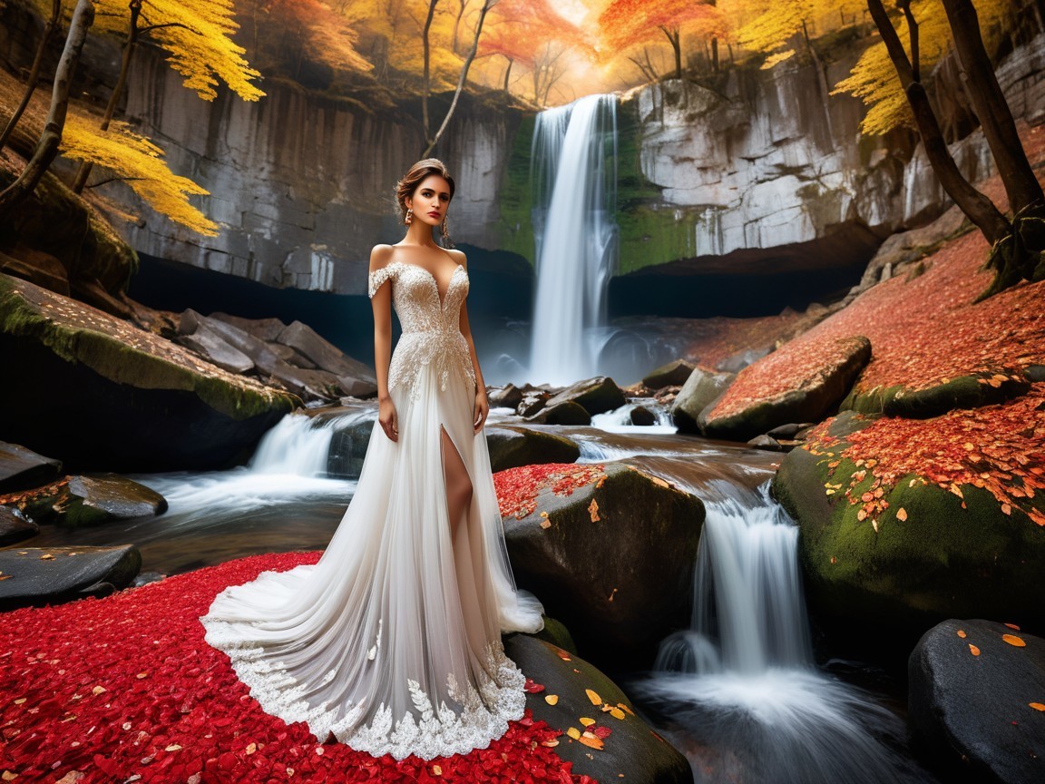 Bride by Waterfall Surrounded by Autumn Foliage
