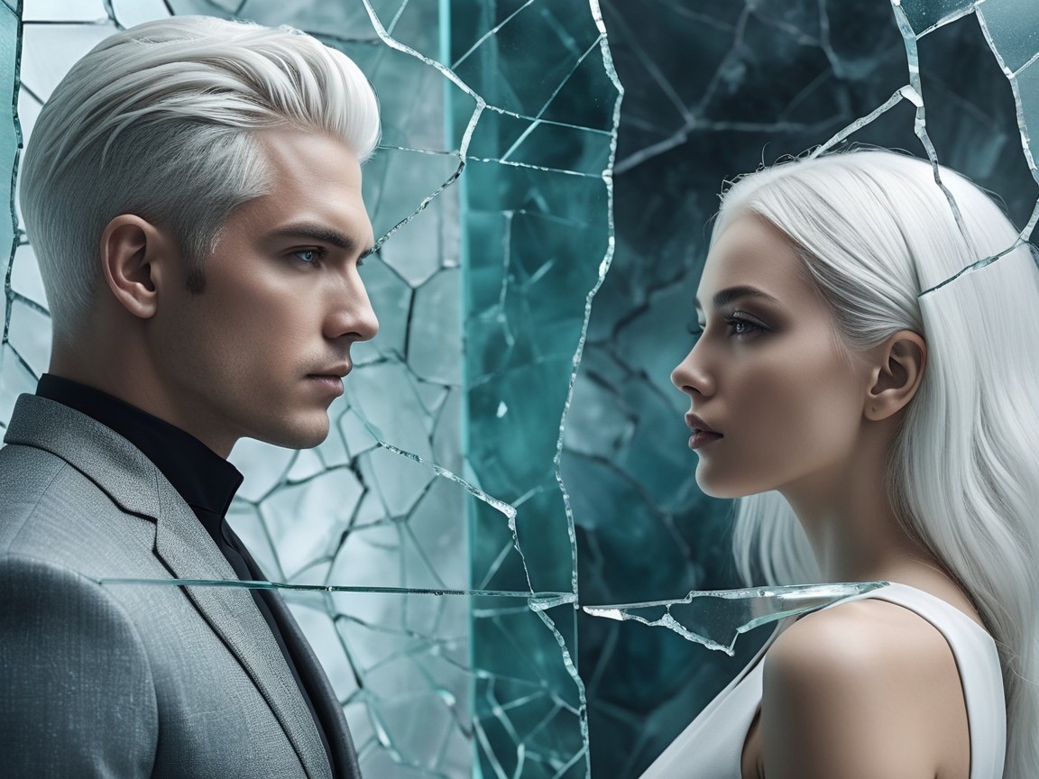 Two Individuals with Platinum Hair Against Shattered Glass