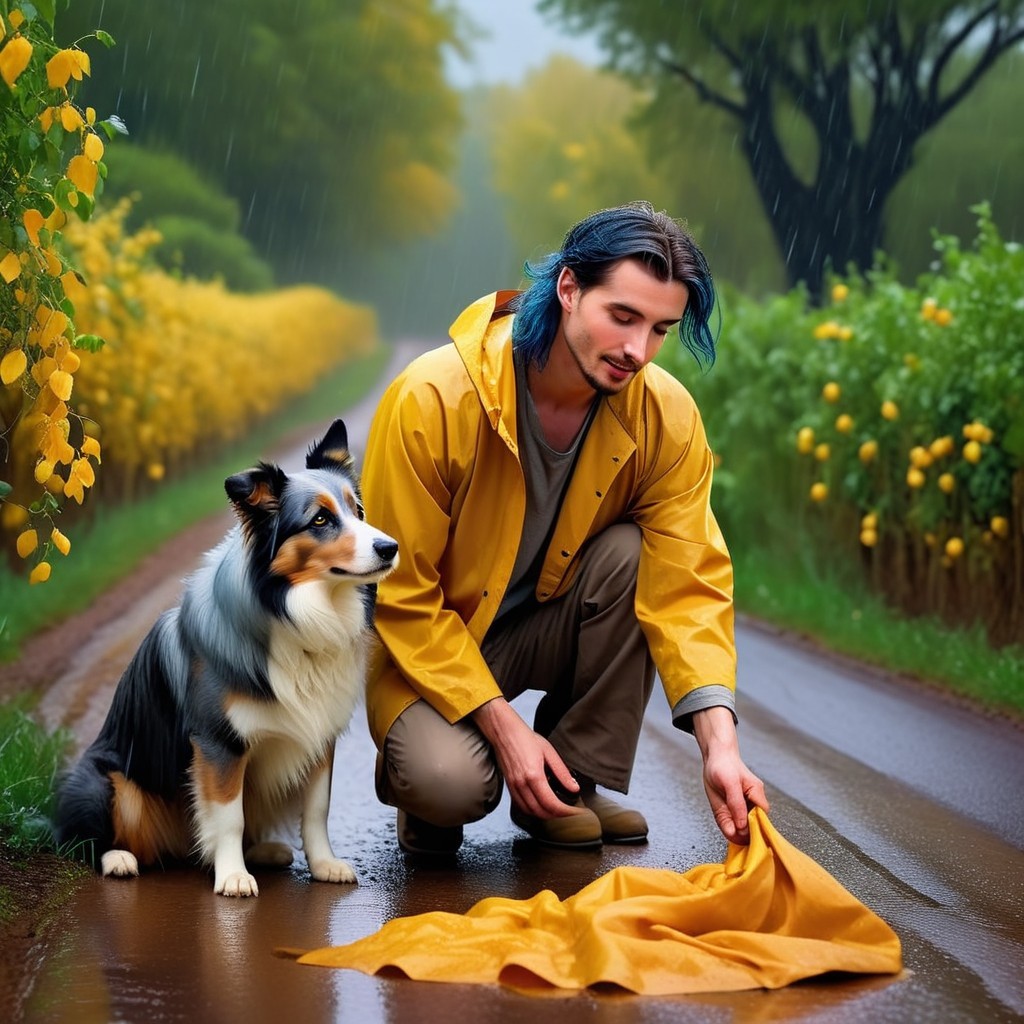 Young man in yellow raincoat on muddy country road