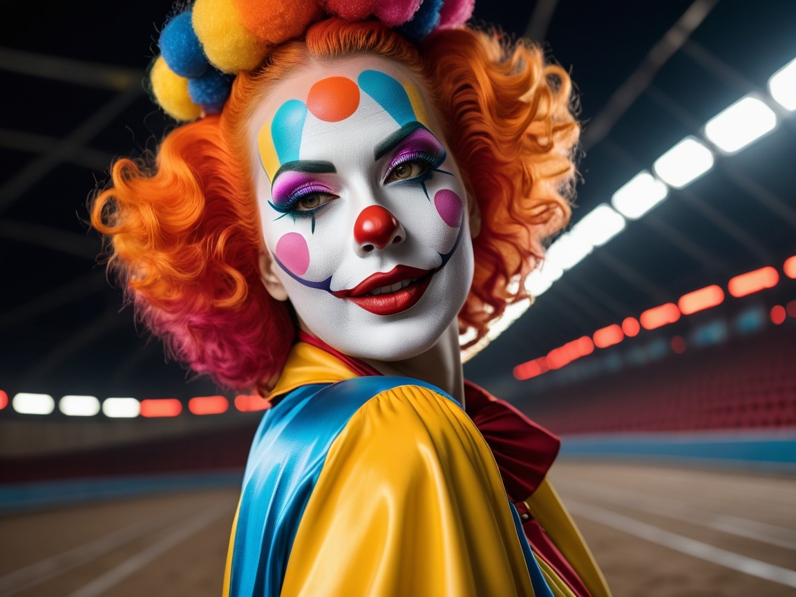 Whimsical Clown with Colorful Outfit and Makeup