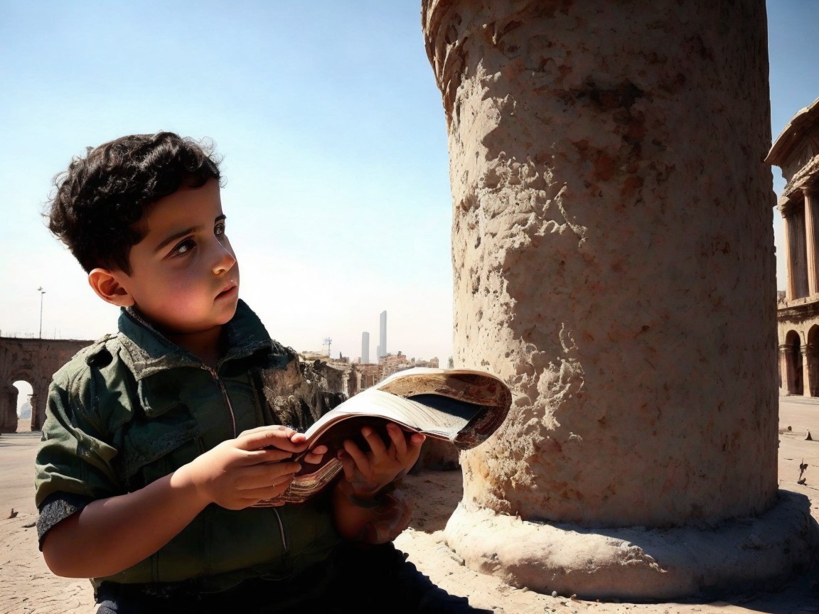 Young boy reading by a weathered pillar in sunlight