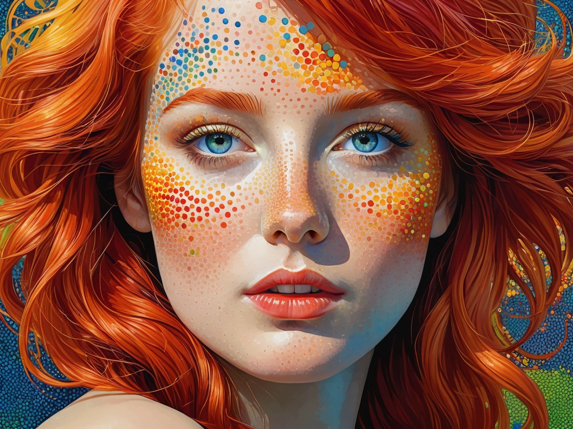 Portrait of a Young Woman with Red Hair and Dotted Patterns