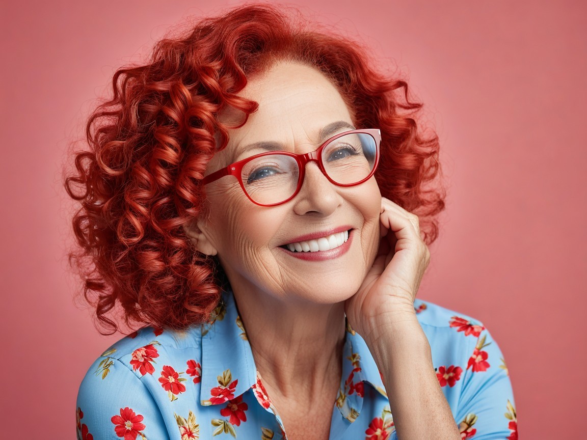 Cheerful older woman with red hair and floral blouse