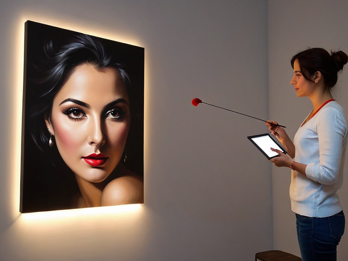 Woman Analyzing Portrait in Minimalist Room