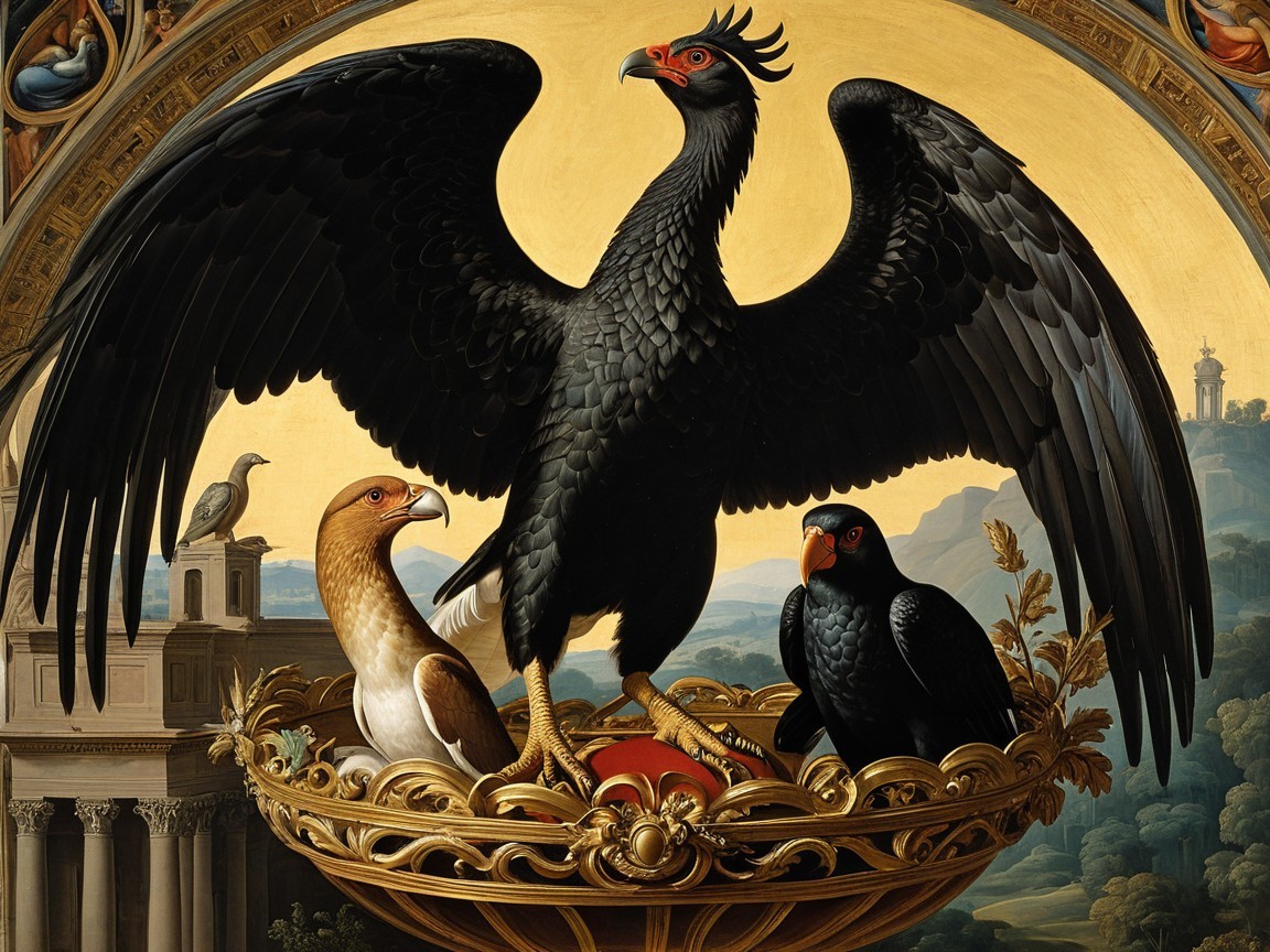 Majestic Black Eagle on Golden Nest in Serene Landscape