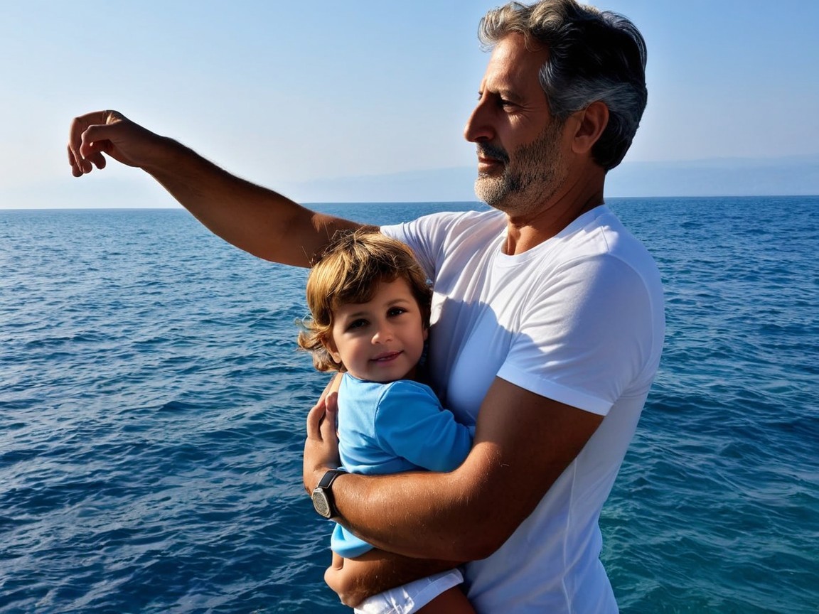 Man and boy by the sea enjoying a sunny moment