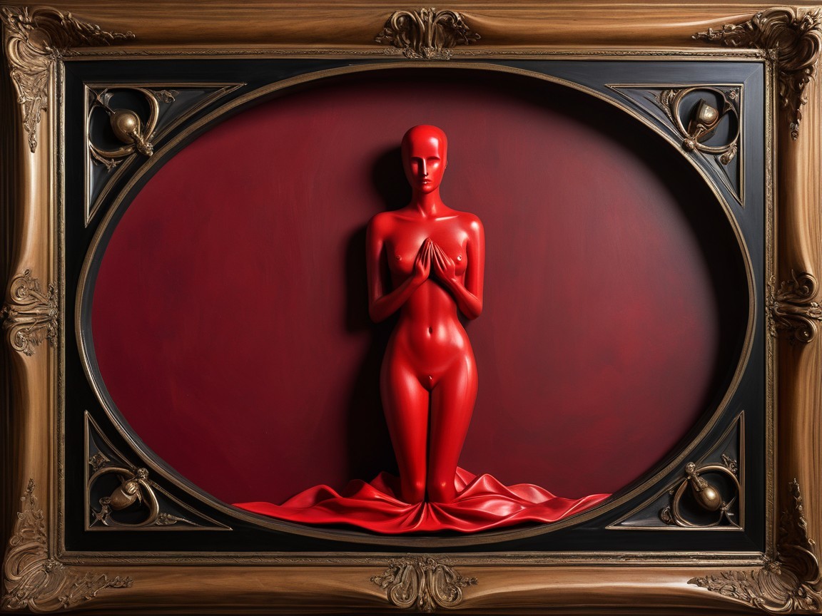 Red Kneeling Woman Sculpture on Burgundy Background