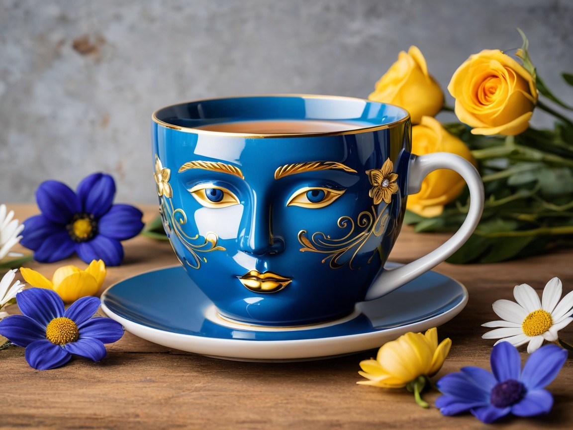 Blue Tea Cup with Face Design and Floral Surroundings