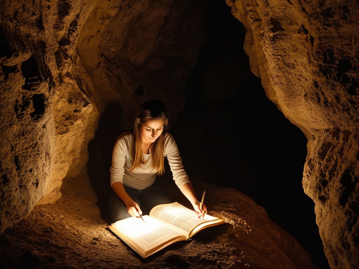 Young woman studying in a dimly lit cave setting