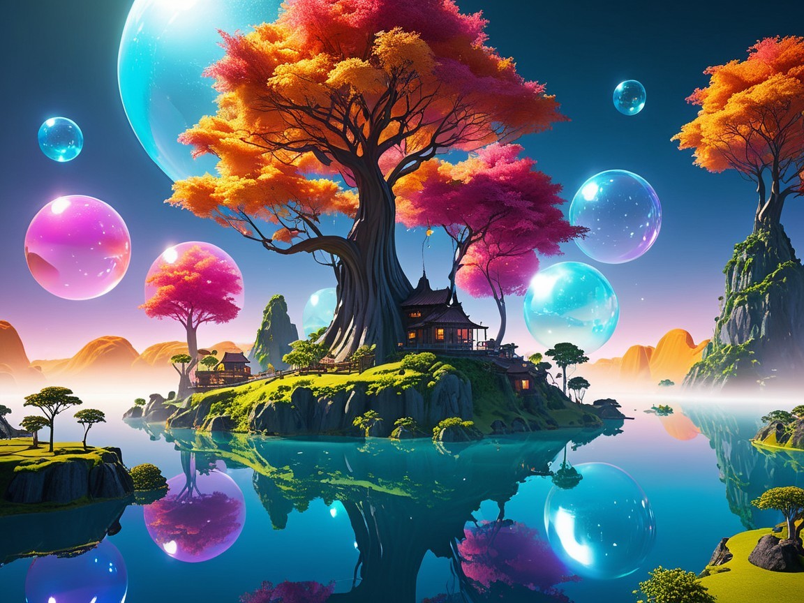 Vibrant Fantasy Island with Colorful Tree and Bubbles